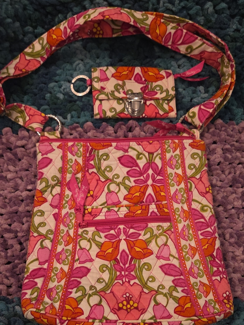 Vera Bradley Pink & Orange Floral Quilted Crossbody AND Matching Wallet